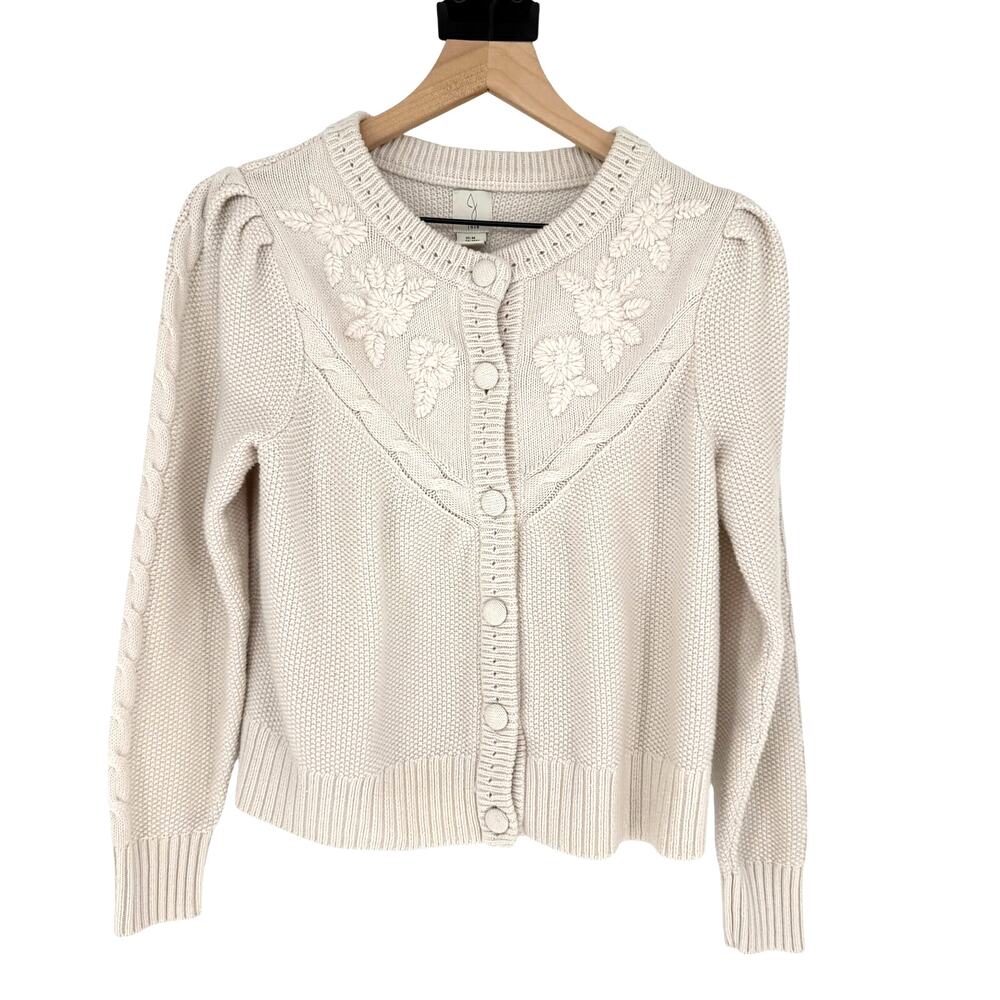 Joie Womens Medium Cream Cable Knit Embroidered Sweater Cardigan Cottagecore